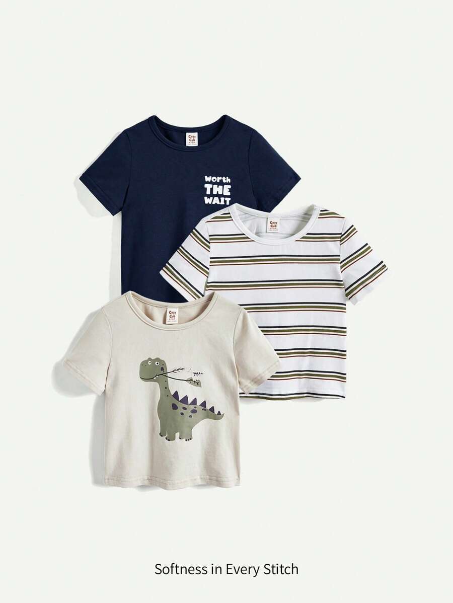 Cozy Pixies Set de 3 camisetas de manga corta para bebés niños con estampado de letra y dinosaurio de dibujos animados, en colores lisos