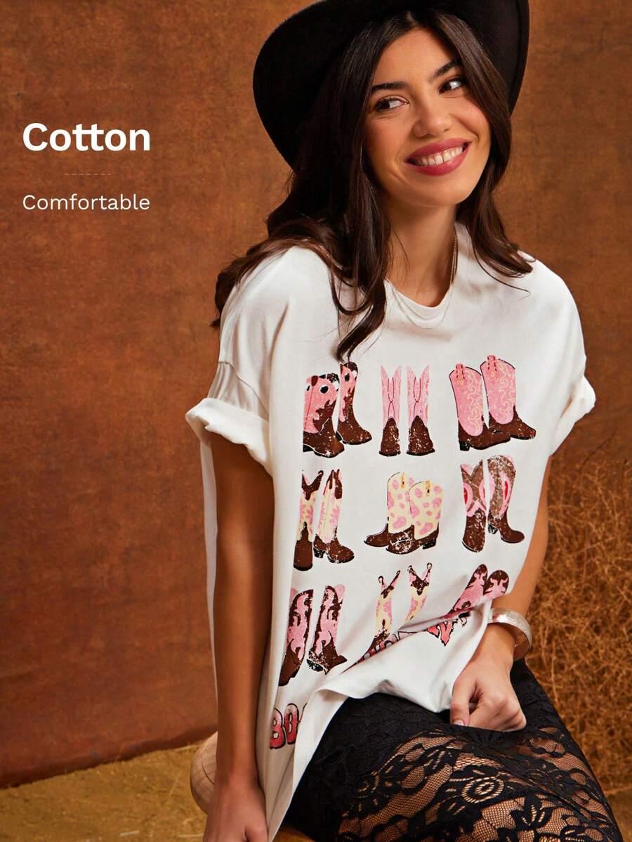 WESTFADE Camiseta de punto de manga corta con estampado de botas vaqueras y gráficos, corte holgado, para primavera y verano, ideal para vacaciones en Nashville