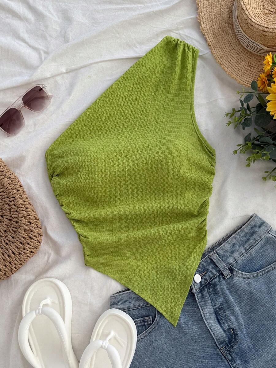 Soleia Blusa de mujer de talla grande para vacaciones de verano con cuello y bajo asimétricos