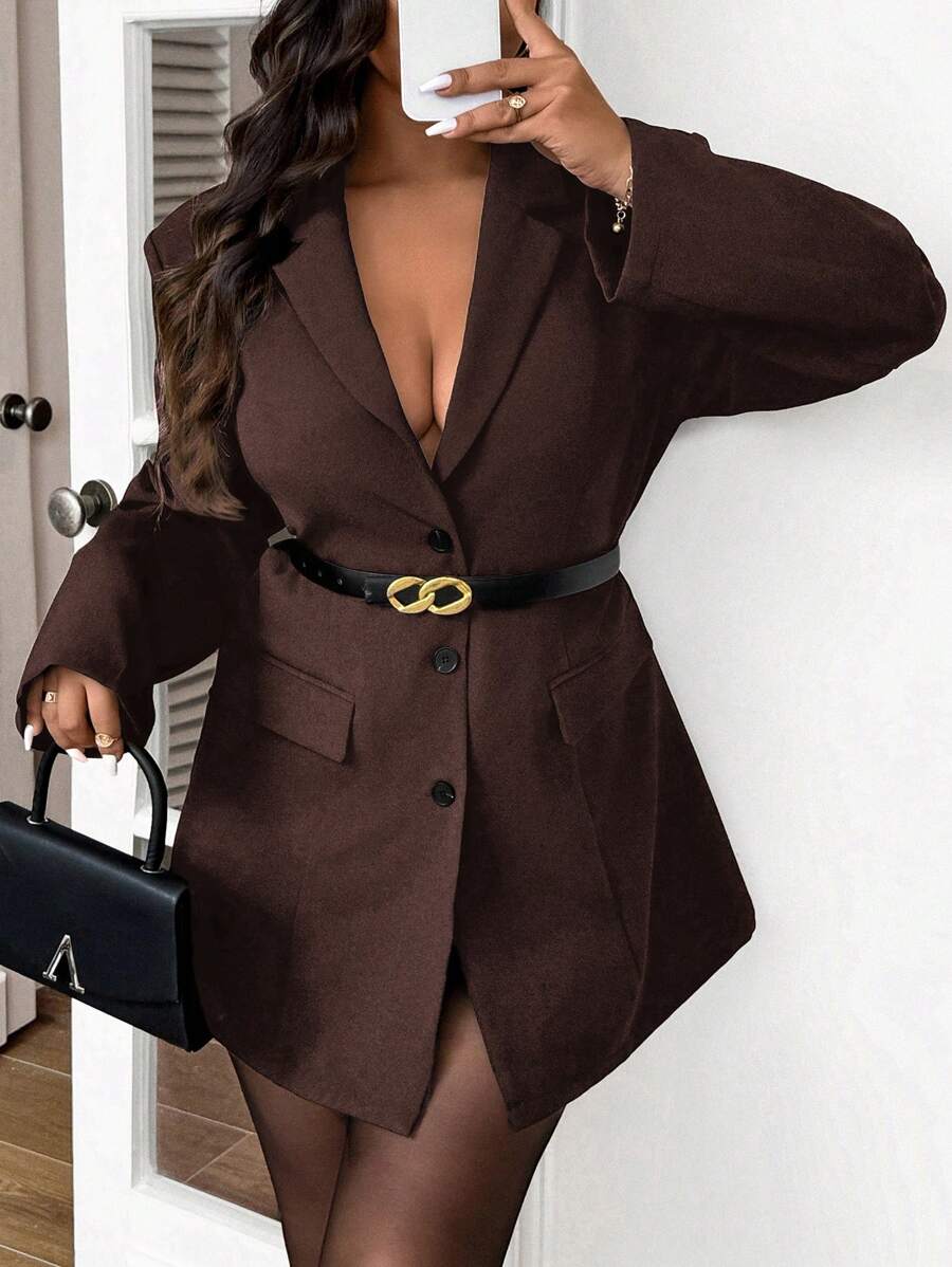 SHEIN Frenchy Plus Size Solid Color Front Button Belted Elegant Long Sleeve Blazer Jacket,Winter