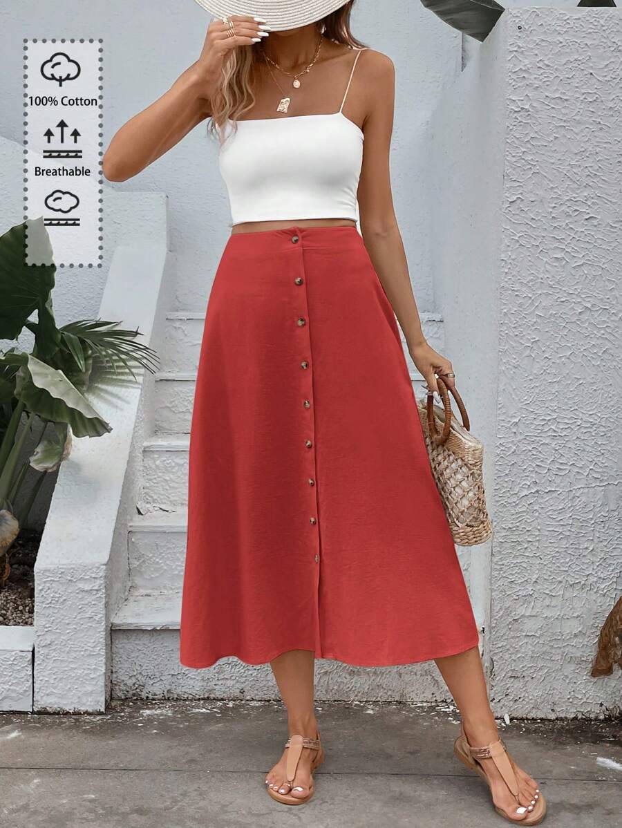 SHEIN VCAY Effen kleur dames rok met knopen aan de voorkant, casual dagelijkse kleding