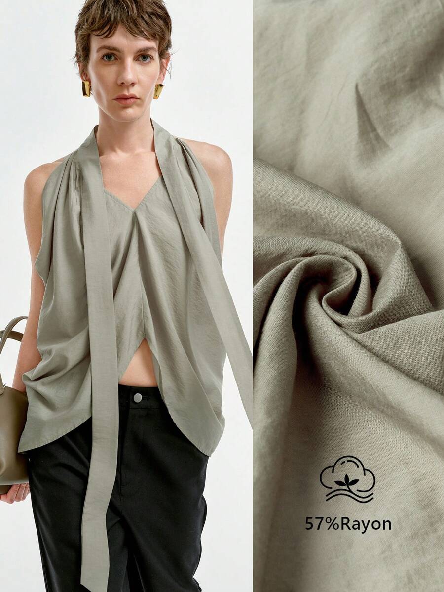 Aalyst Camisa larga con pliegues asimétricos, sin mangas y con atar en la nuca para mujer, para primavera/verano