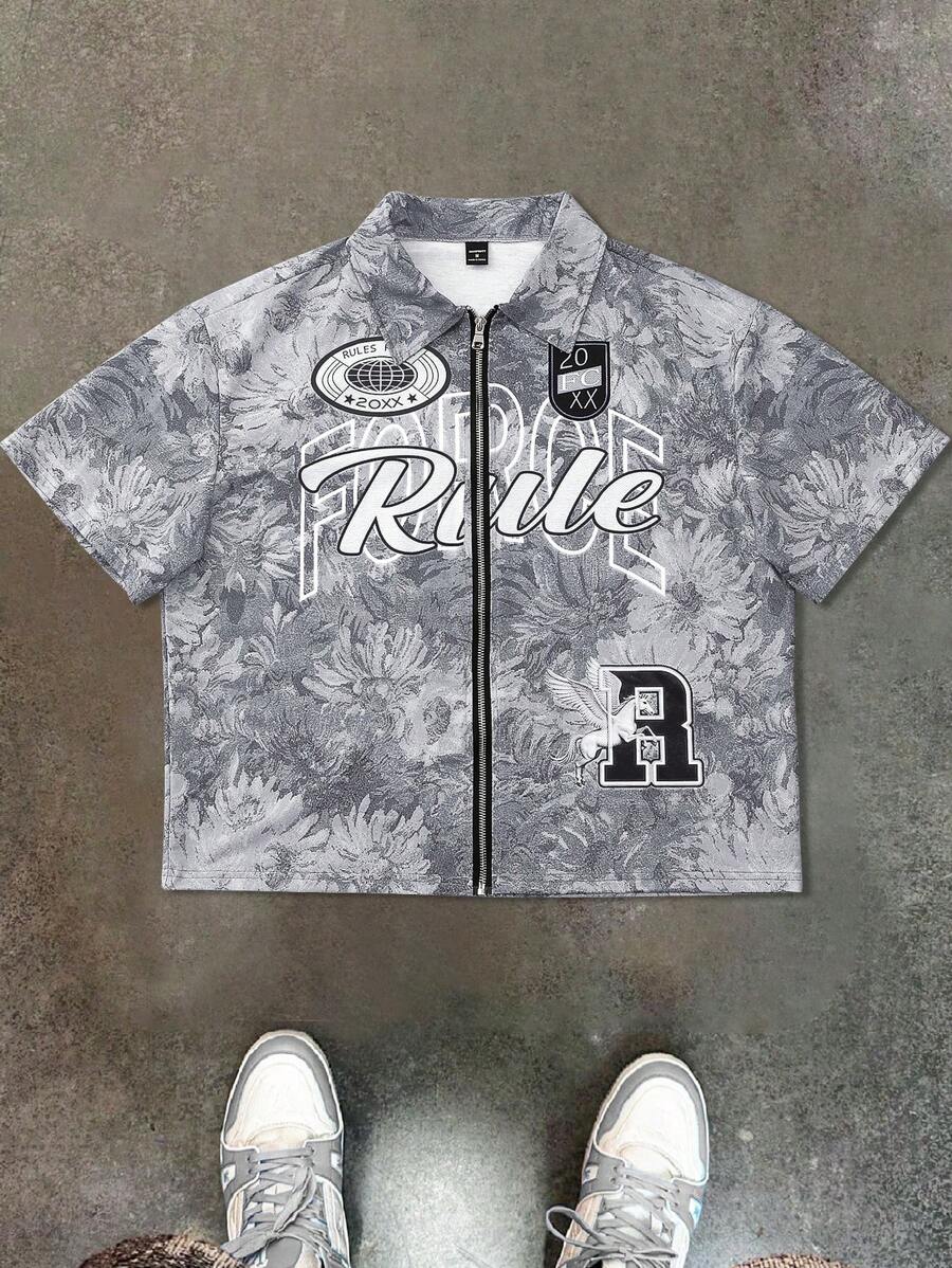 Manfinity Streetrush Camisa con cremallera para hombres con estampado de pintura al óleo azul, girasol, letra y Pegaso