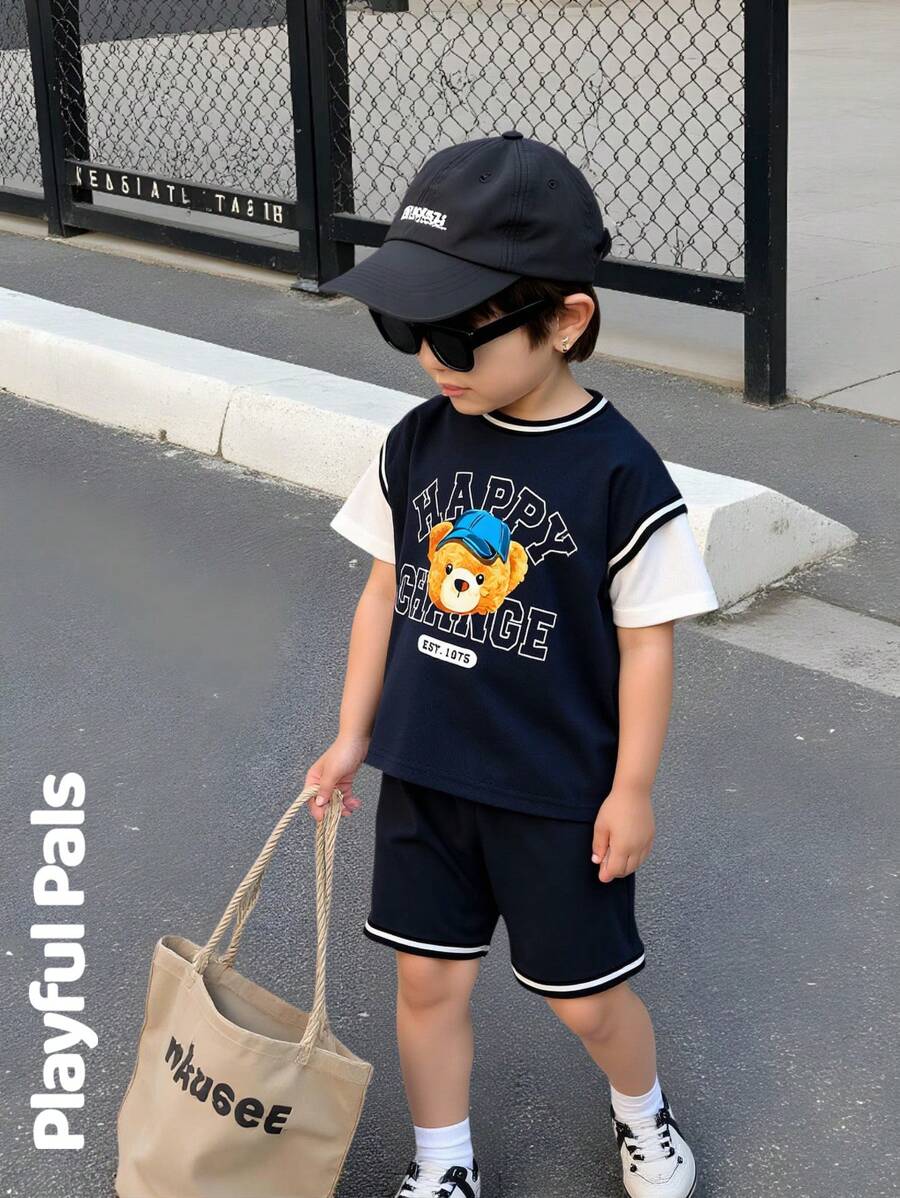 Conjunto deportivo de verano para niños, con top de 2 piezas con estampado de oso en azul marino y shorts