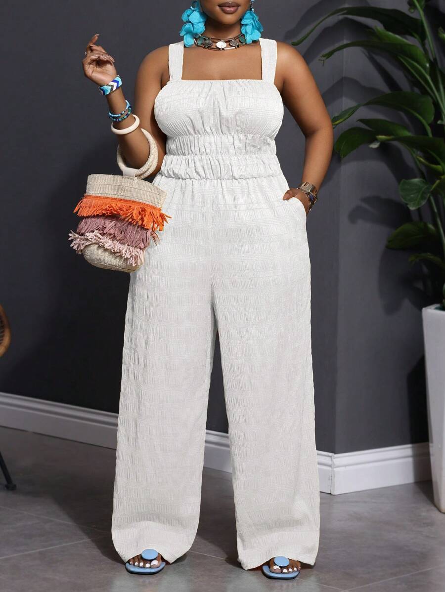 Slaydiva Plus Size Women Solid Color Yellow Sleeveless Jumpsuit With Pockets, Casual Daily Holiday Wear