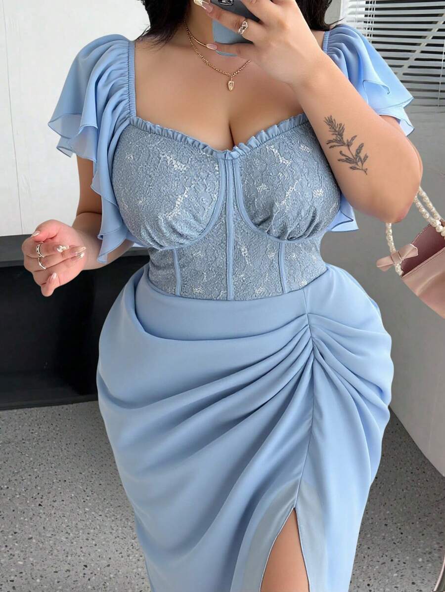 Celure Abito midi arricciato e svasato da donna con scollo a cuore, in jacquard e chiffon, con balze, di colore blu, in stile romantico da vacanza, per taglie forti