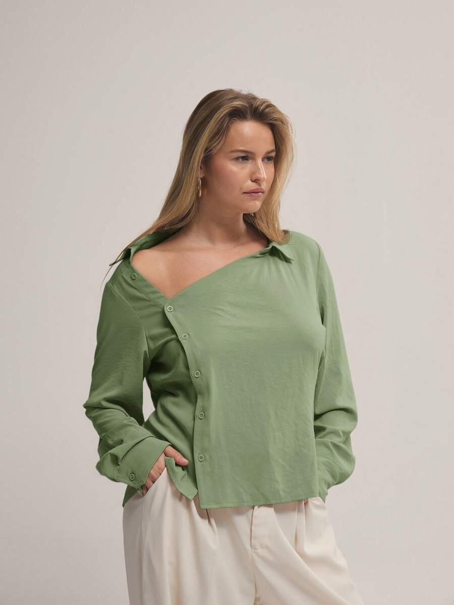 MUSERA Blusa asimétrica de manga larga con botones y cuello asimétrico en talla grande para cita nocturna, noche de chicas, sexy, elegante, club, fiesta, vacaciones, ocasiones, invitada de boda