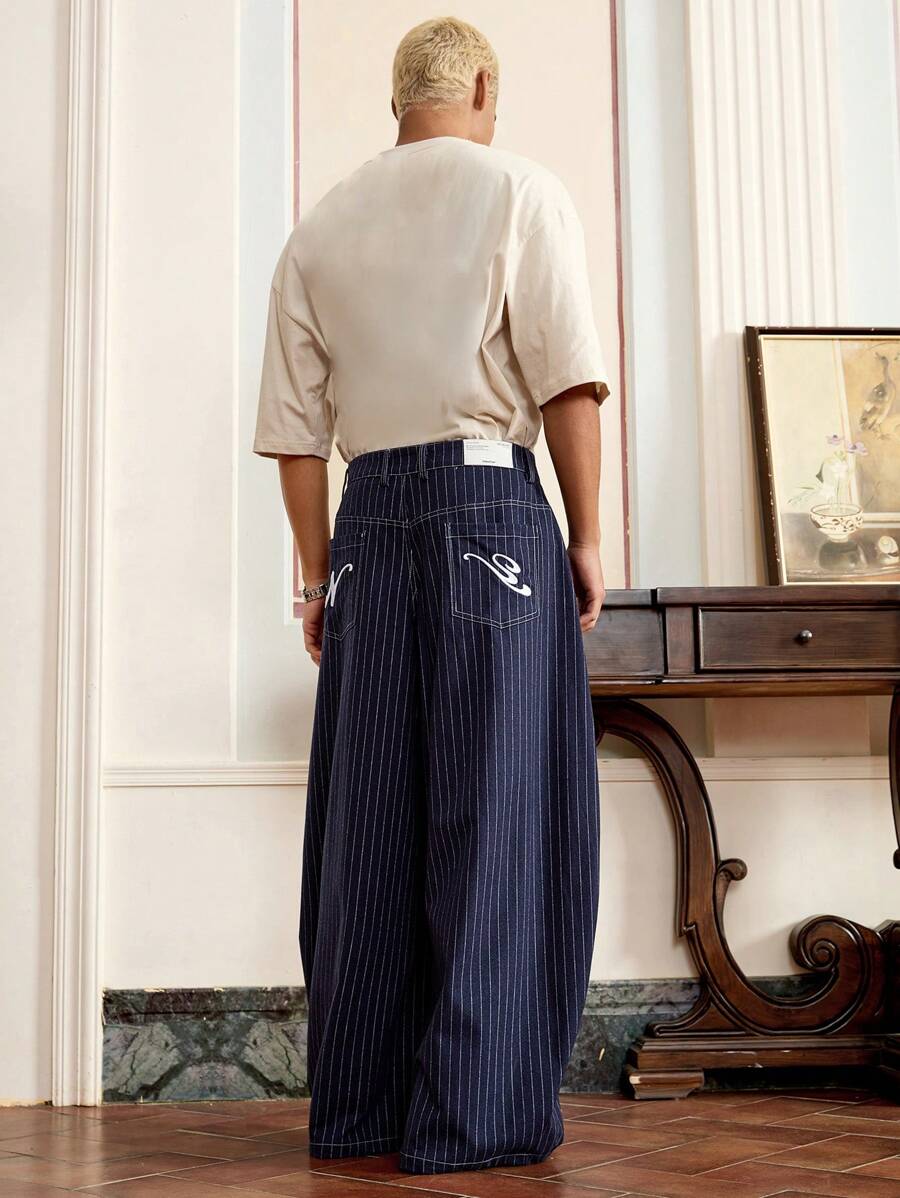 SWAVVY Men's Fashion Casual Woven Oversized Blue Striped 3D Letters Embroidered Baggy Pants, For Daily Summer School