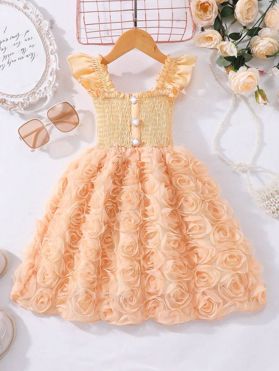 Glamorique Kids Vestido de Verão Elegante para Menina com Babado na Cor Sólida, Manga Curta, Remendo Floral