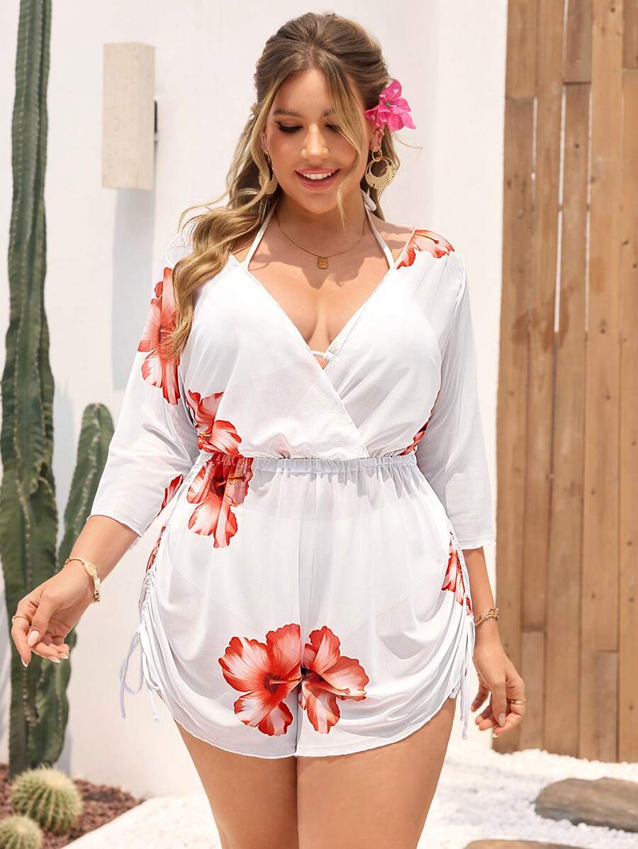 Swim Vcay Blusón estampado de manga corta con talle para mujer de talla grande como protección solar para la playa