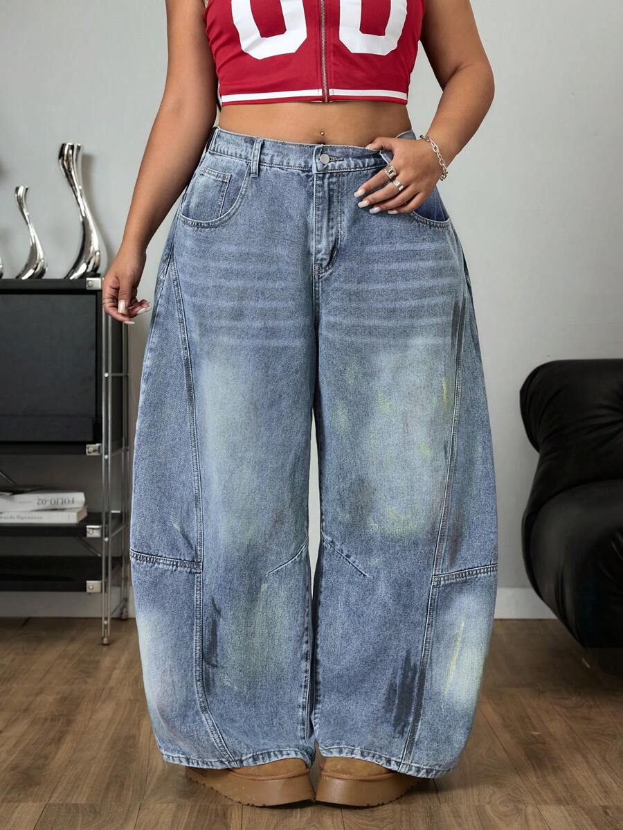 SHEIN ICON Plus Size Women Casual Distressed Loose Side Pocket Denim Jeans