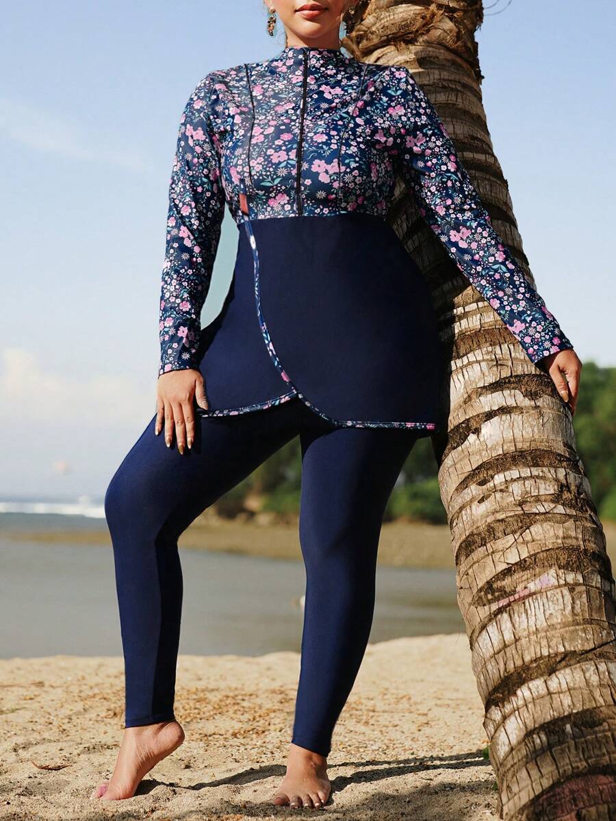 Swim Mulvari Set da bagno da donna taglie forti a 2 pezzi, navy blu con patchwork a fiori ditsy, camicia lunga con chiusura lampo davanti e pantaloni lunghi, burkini da spiaggia per vacanze