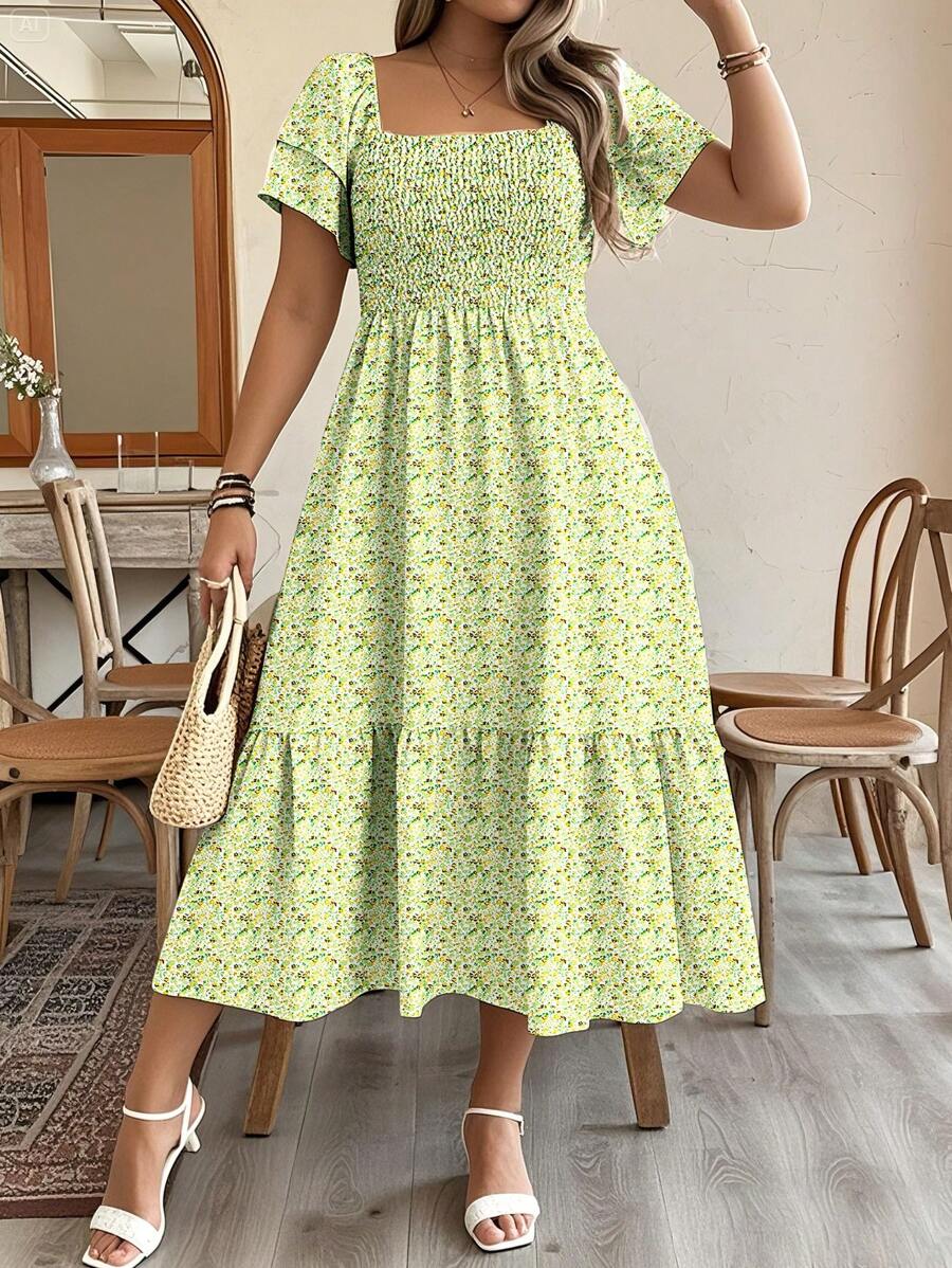 EMERY ROSE Plus Size Vacation/Leisure Ditsy Floral Print Dress With Cinched Waist Maxi Women Outfit