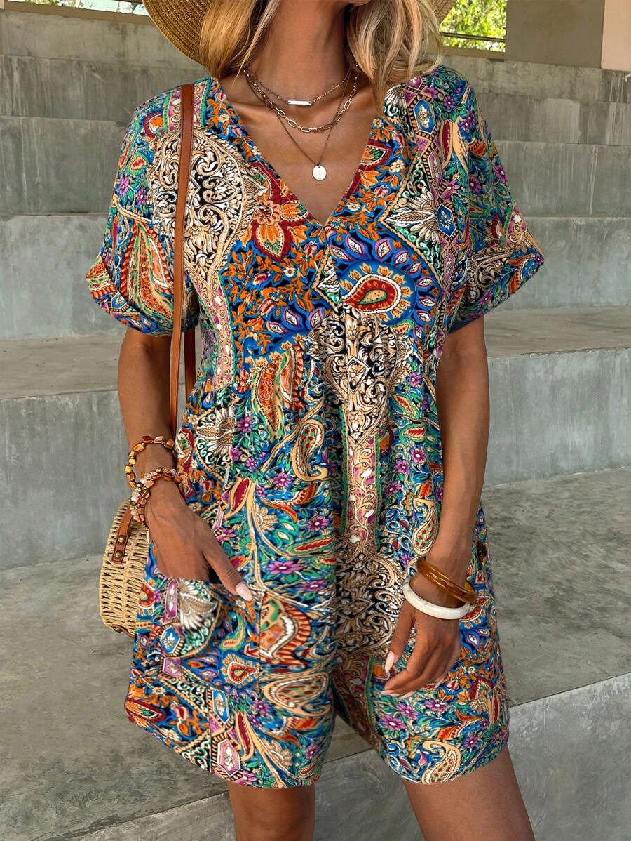 SHEIN LUNE Plus-Size Women Summer Paisley Print Holiday Jumpsuit For Women
