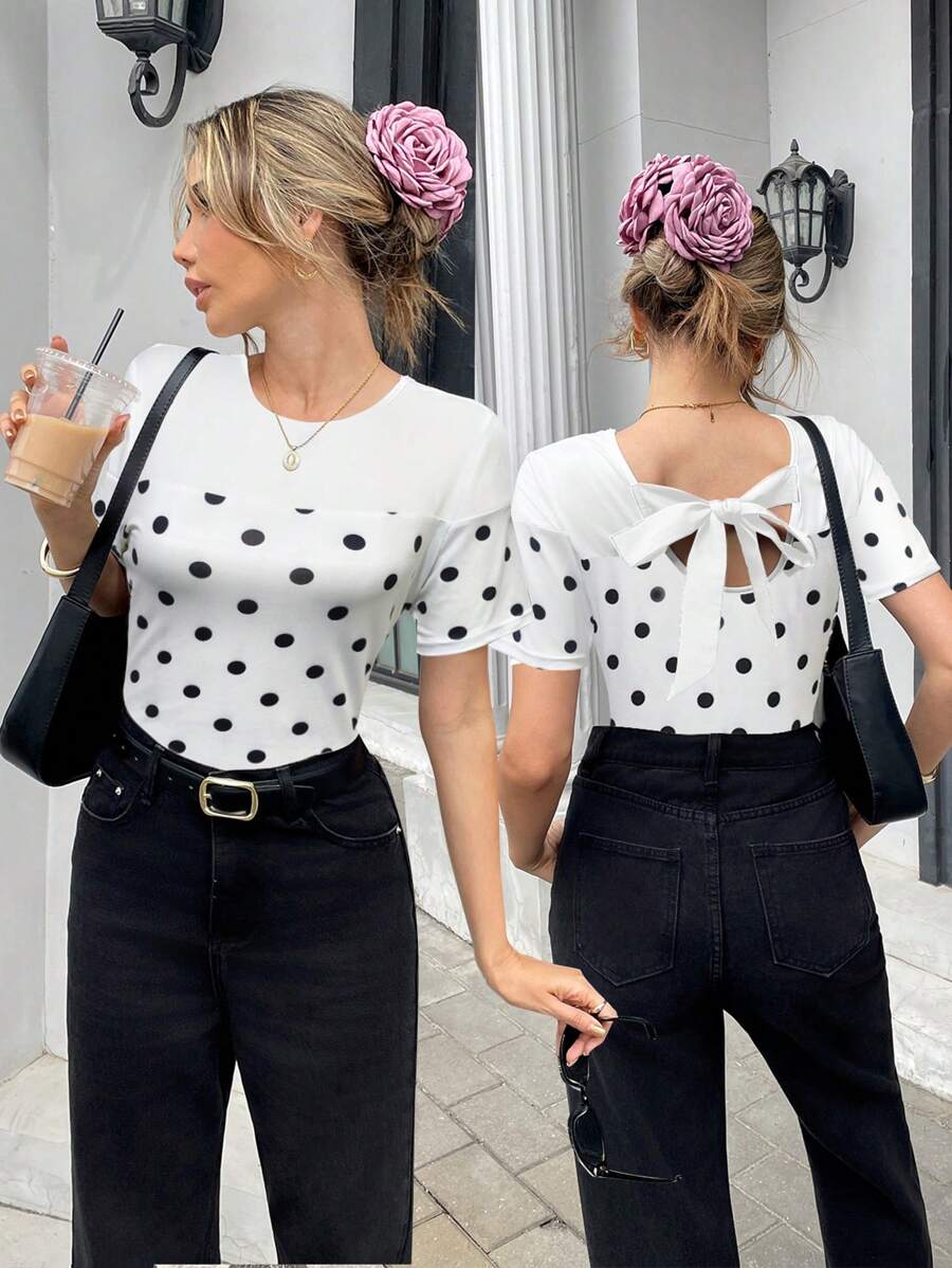 Pariaura Maglietta a maniche corte con schiena aperta, stile francese a pois, per donna, primavera/estate