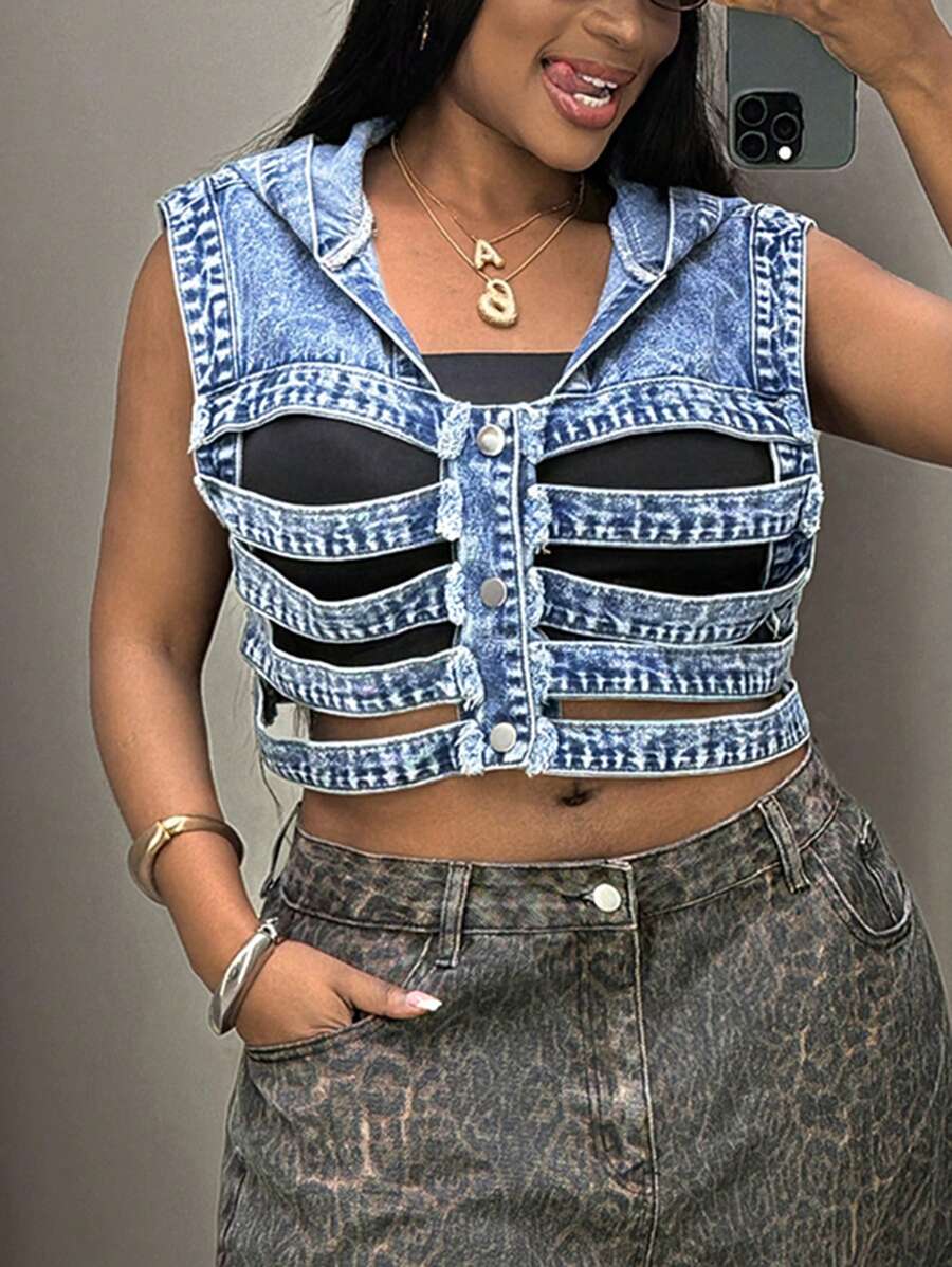 Slaydiva Giacca di jeans con cappuccio senza maniche, bottoni frontali e design traforato, adatta a taglie comode