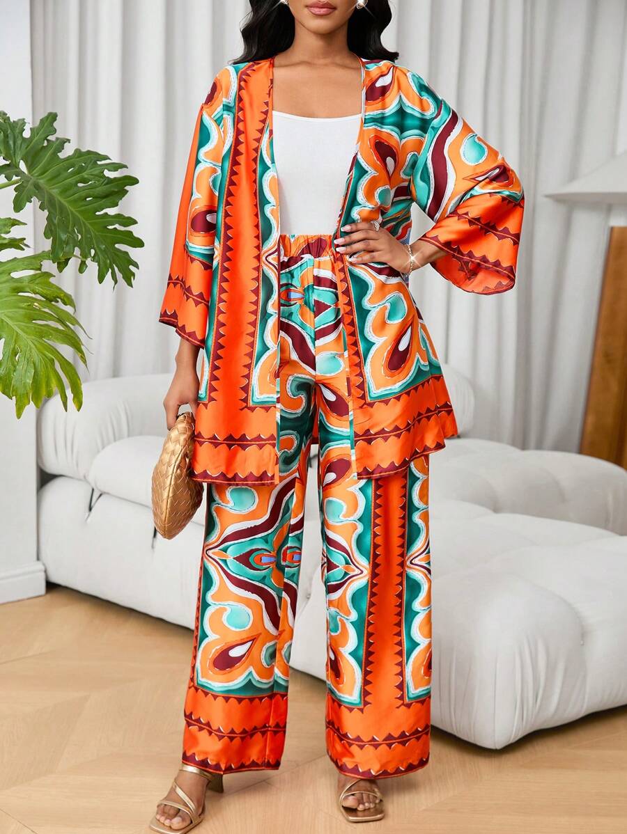 Lyxana 2pcs/Set Women's Summer Vacation Floral Print Shirt And Pants Set