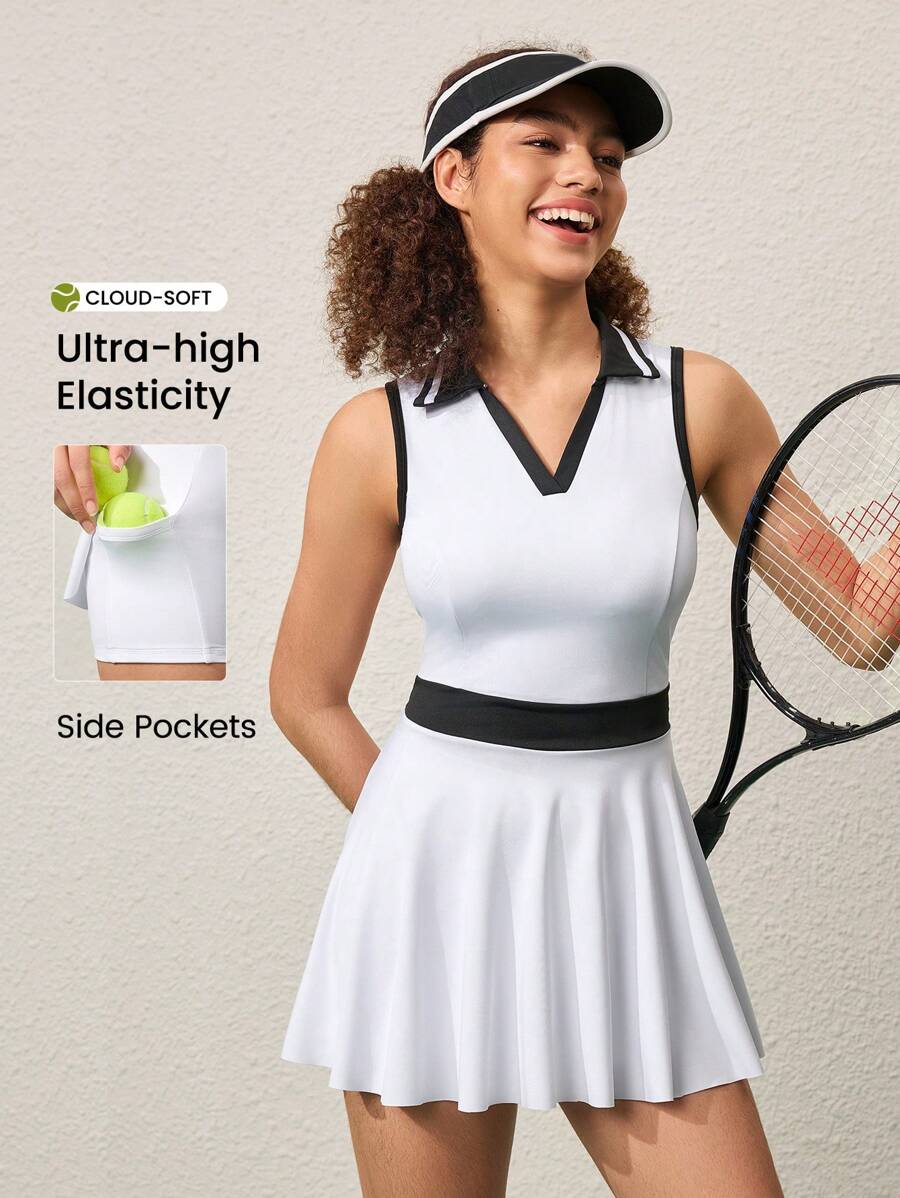 CourtClass Color-Block Sleeveless Collared Camisole Shorts Sports Dress Athletic Dress