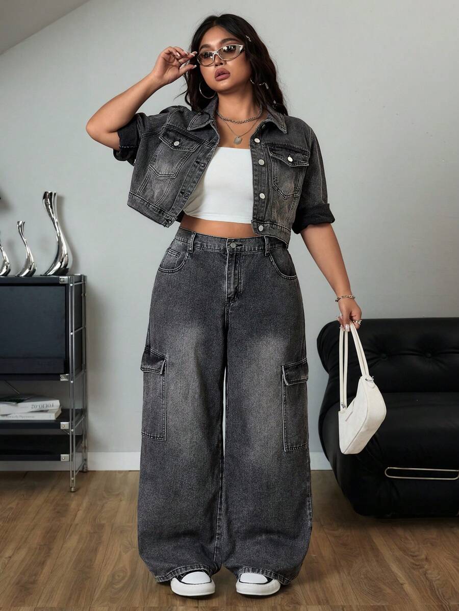 SHEIN ICON Jeans Vaqueros Cargo Casuales Holgados de Pierna Ancha y Versátiles para Mujer de Talla Grande