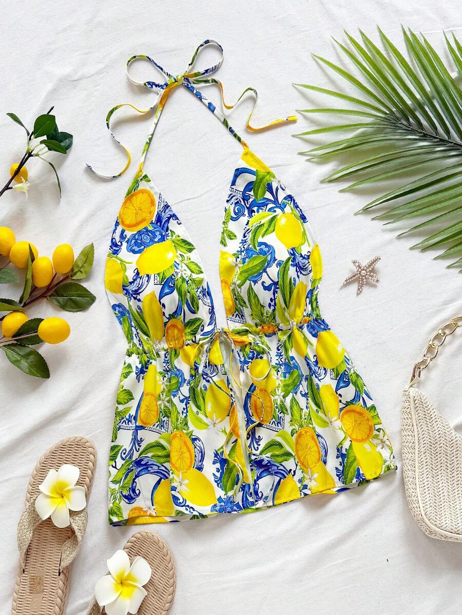 Soleia Top crop da donna senza maniche e senza schienale con stampa di frutti tropicali colorati della Sicilia, adatto per vacanze