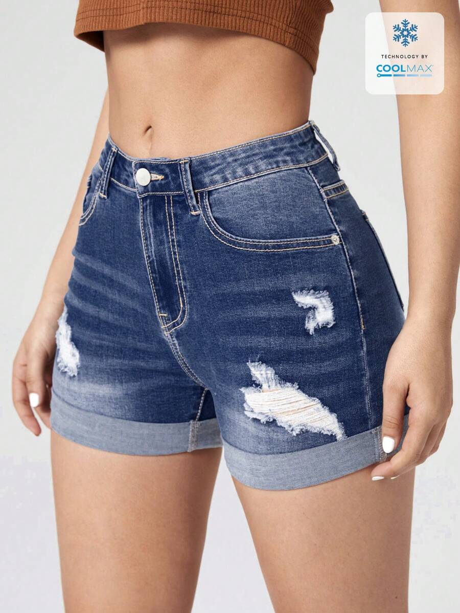 SHEIN Essnce Women's Ripped Denim Shorts, Minimalist Fashion, Suitable For Summer