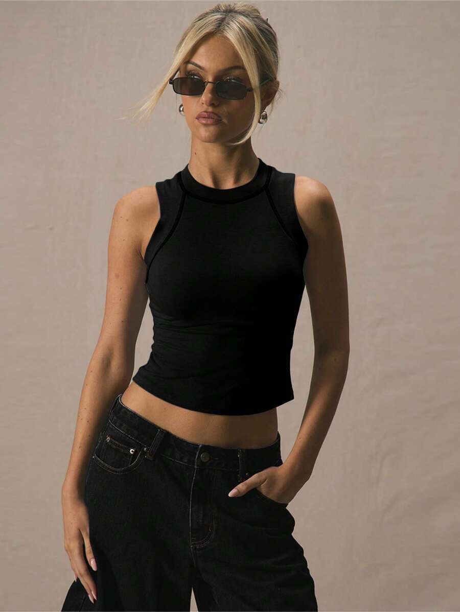 MUSERA Top de punto ajustado con cuello redondo y pespunte contrastante, ideal para primavera y verano, look casual y lindo para vacaciones, estilo Y2K para el aeropuerto y días festivos