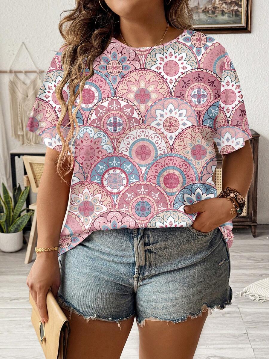 EMERY ROSE Camiseta holgada de cuello redondo con estampado floral en bloques de color, adecuada para el verano, tallas grandes