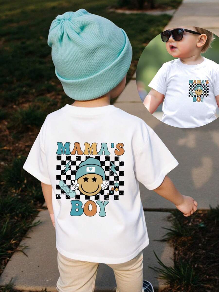 Baby Boy Summer Casual Cute Checkerboard Face "MAMA's BOY" Letter Print Short Sleeve Round Neck T-Shirt
