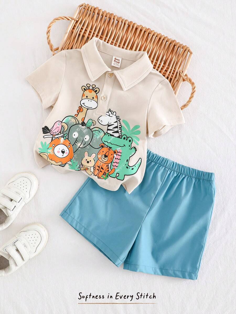 Cozy Pixies 2pcs/Set Baby Boy Cartoon Animal Pattern Polo Collar Short Sleeve Top And Casual Shorts Set