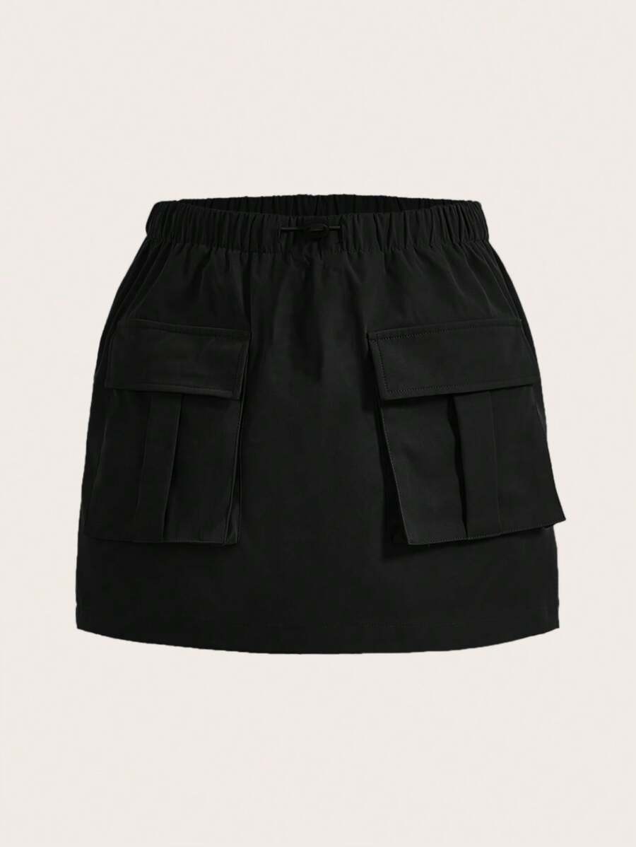 SHEIN Girlism Falda Cruzada De Cintura Alta De Estilo Vintage Y Corte Holgado Con Bolsillos Grandes Para Niñas Preadolescentes