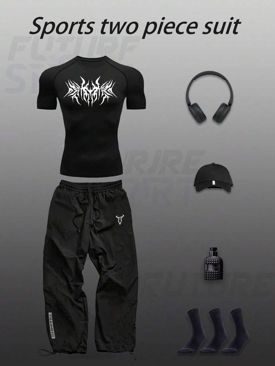 Manfinity Sport Corelite Conjunto de ropa deportiva tipo novio de moda casual con estampado gótico, que incluye top de manga raglán y pantalones largos, adecuado para el verano. Negro, conjunto de gimnasio, conjunto de ropa de gimnasio, ropa deportiva, conjunto de ropa de ejercicio, ropa de ejercicio gótica, conjunto de entrenamiento, top de gimnasio, transpirable para otoño.