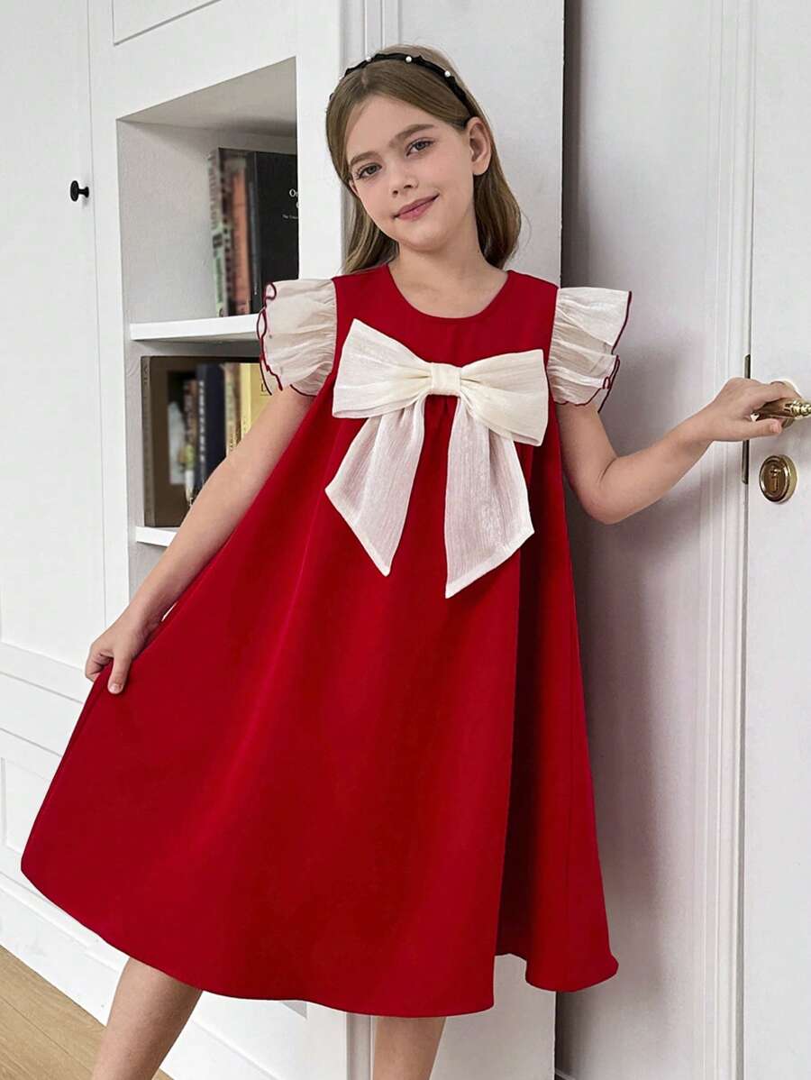 SHEIN Vestido A-line con bloque de color, decoración de moño y mangas cortas para niña preadolescente