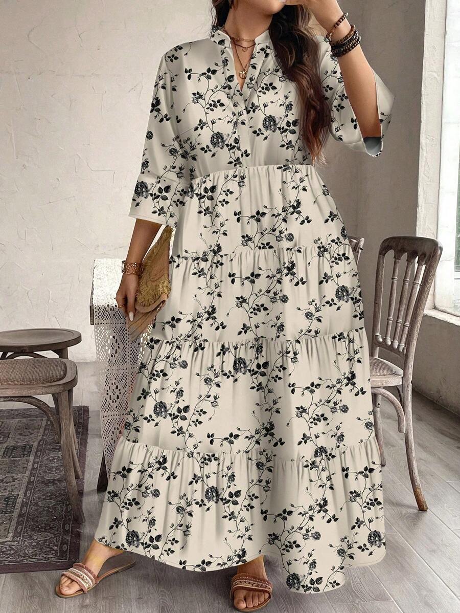 EMERY ROSE Vestito casual ed elegante con stampa floreale minuta, adatto per la primavera e l'autunno, in taglie comode