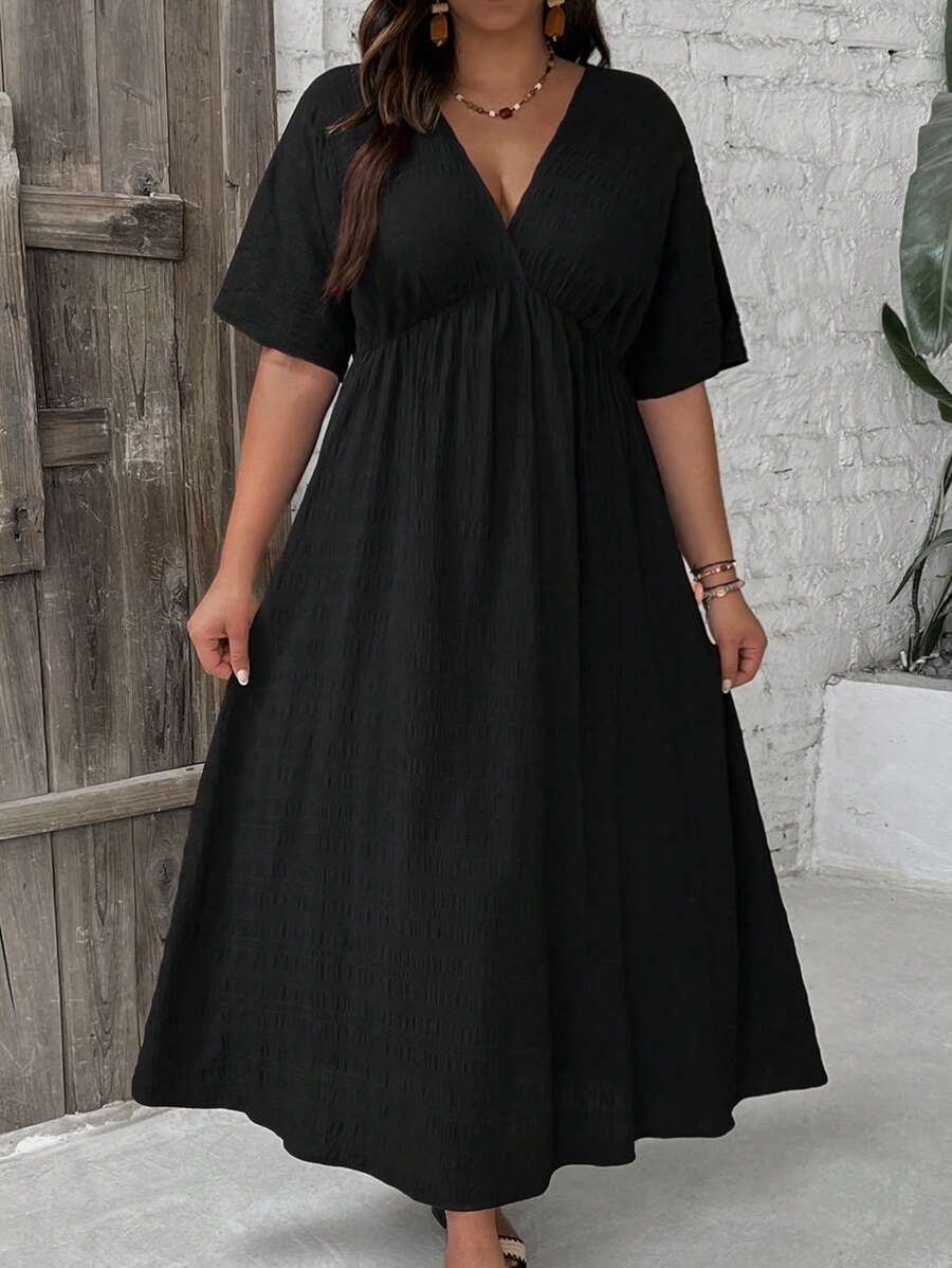 SHEIN VCAY Rochie cu mânecă scurtă, de zi cu zi, cu mâneci scurte, de damă, de mărime mare, culoare uni, negru