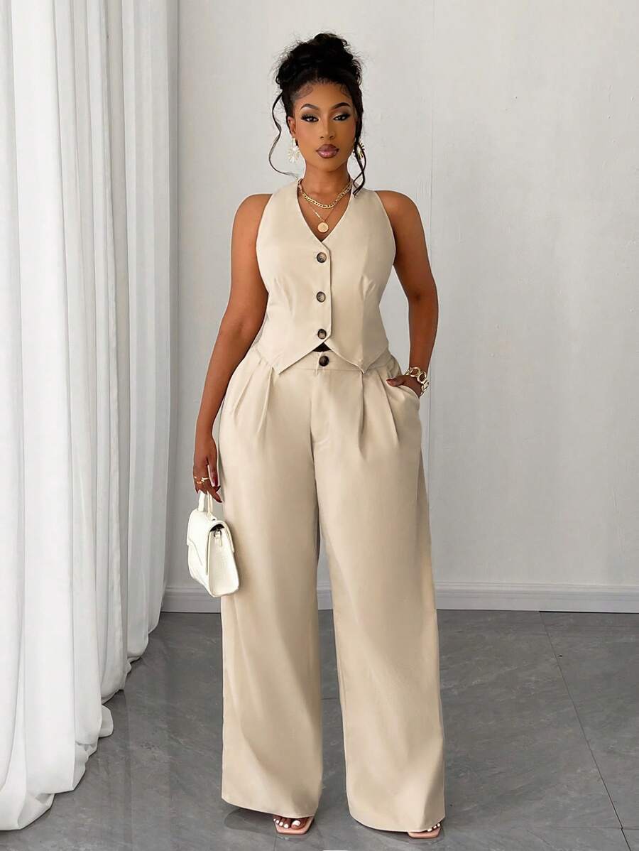 Elenzga 2pcs/Set Plus Size Women's Solid Color Short Vest & Wide Leg Casual Pants