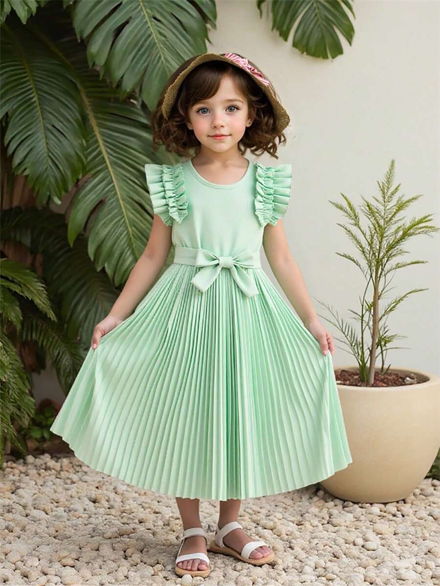 SHEIN Mädchen 4-7 Jahre modisches, süßes einfarbiges Kleid mit Puffärmeln, Taille und plissiertem Rockteil + Gürtel, Sommer