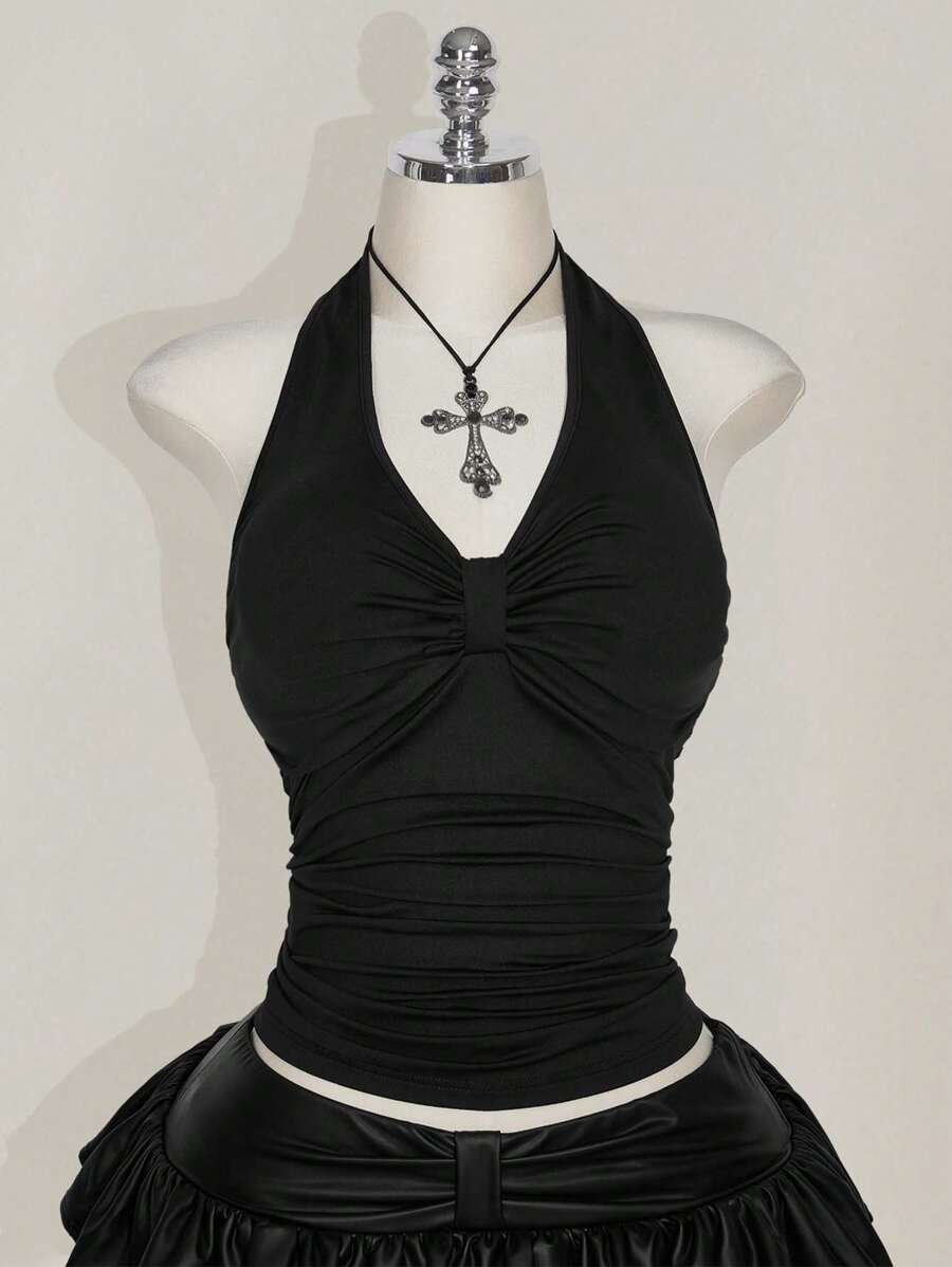 SHEIN ICON Top corto halter fruncido negro con espalda descubierta y detalle de lazo, apto para vacaciones, festivales de música, estilo punk, talla grande