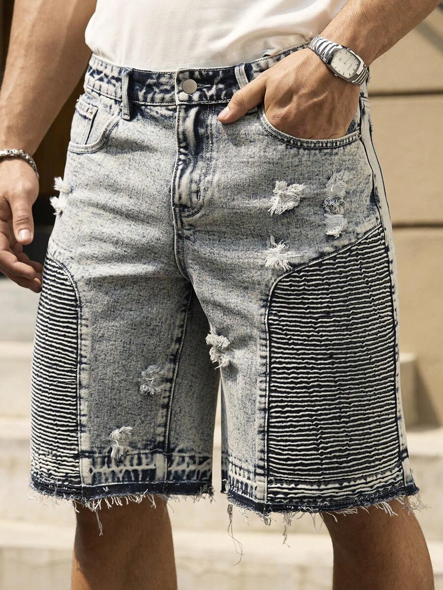 Manfinity LEGND Pantalones cortos vaqueros de hombre informales con bolsillo lateral roto, para verano