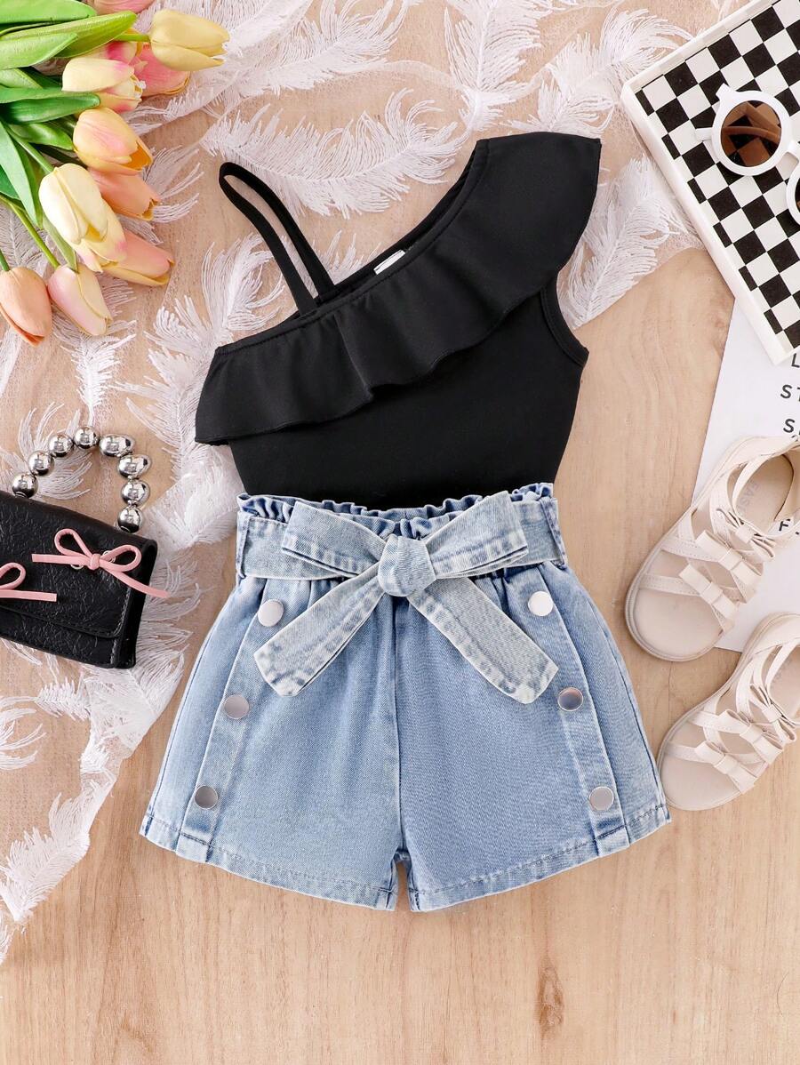 SHEIN Set de 2 piezas Conjunto informal de niña joven con Top asimétrica + shorts vaqueros