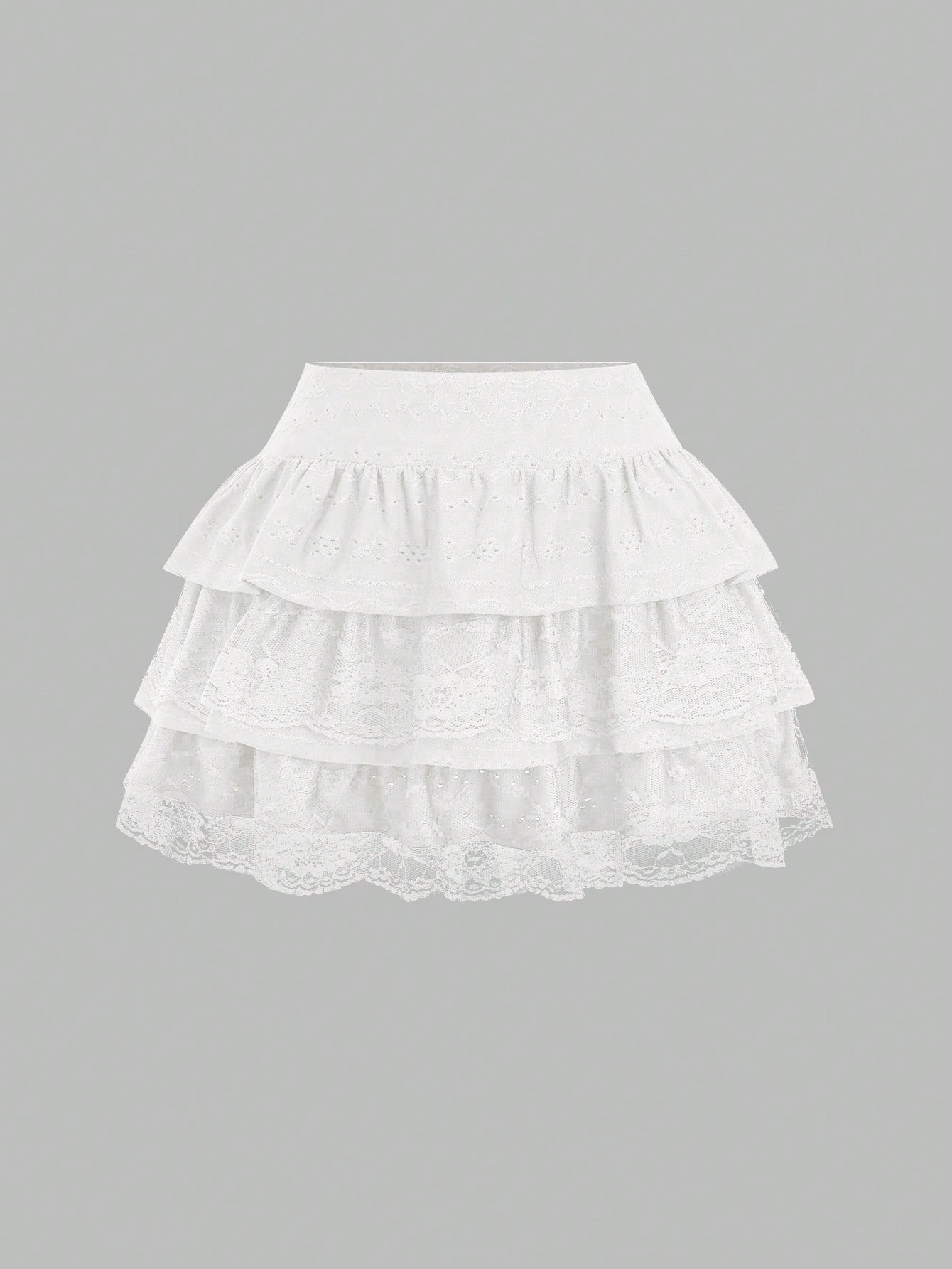 Sweetra Black Jacquard Textured Fabric With Lace Trim Y2K Layered A-Line Peplum Ruffle Skirt, Slimming Mini Skirt