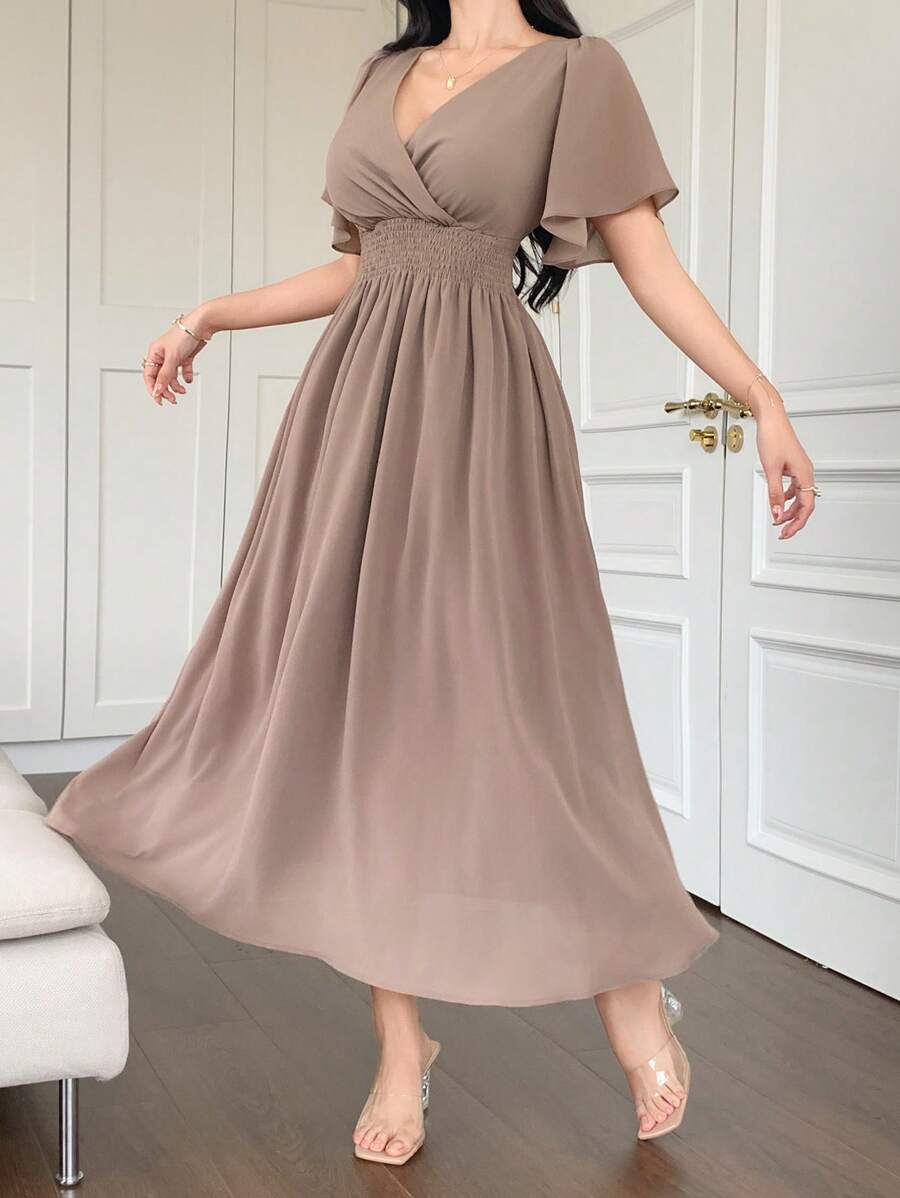 DAZY Women's Solid Color V-Neck Cinched Waist Ruffle Sleeve Elegant Dress, Summer