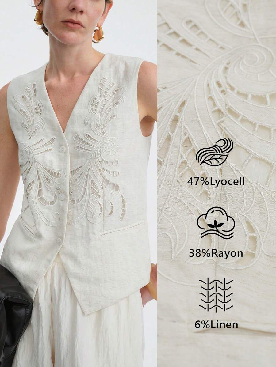 Aalyst Chaqueta ligera informal de lino bordada sin mangas con estilo bohemio y calados para mujer, ideal para la playa, festivales de música y el verano