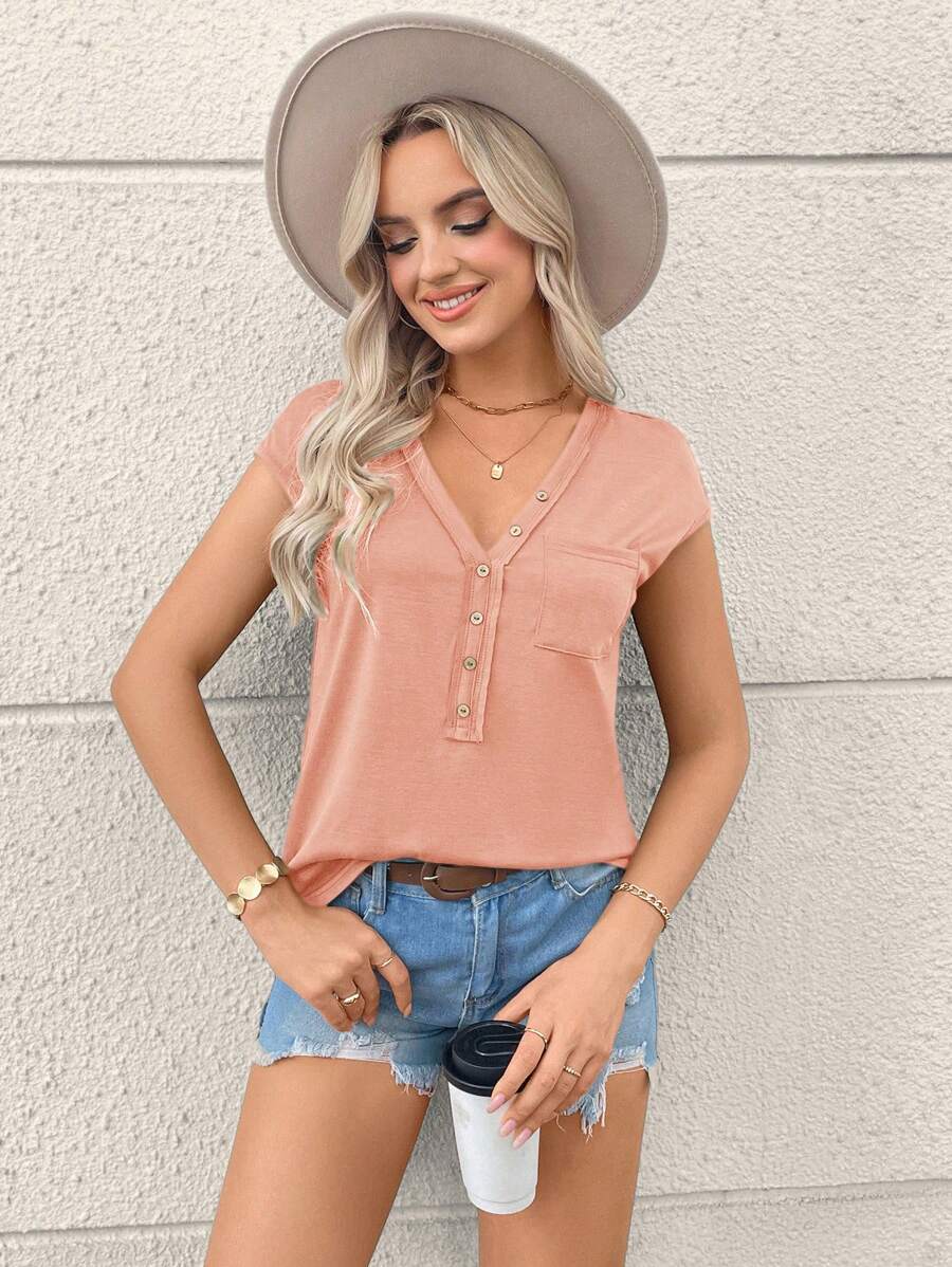 SHEIN LUNE Camiseta casual de manga corta y cuello en V de unicolor, festival de música country de verano