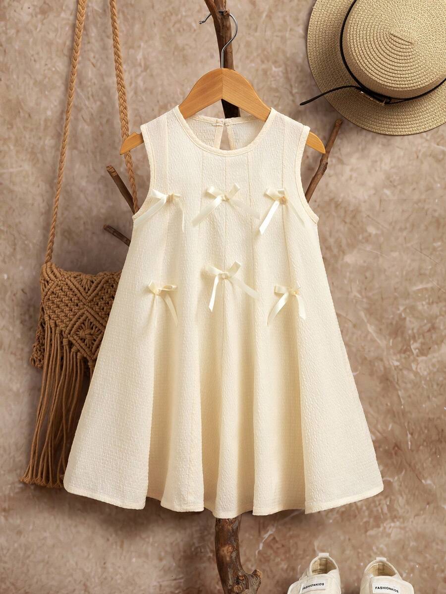 WESTFADE Young Wildeya Young Girls' Light Apricot Bow-Decorated Sleeveless Round-Neck Slim-Fit Dress Is Casual And Comfortable For Vacation, Suitable For Summer Vacations And Daily Wear. Young Girls Dresses White Casual Dresses For Girls Casual Dress For Girls Cute Dress For Girls