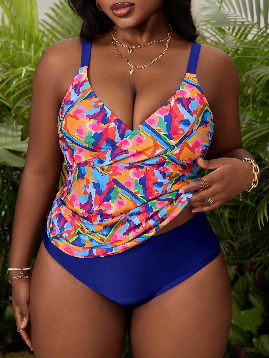 Slaydiva Ensemble de tankini à col en V imprimé floral pour grandes tailles, idéal pour les vacances d'été