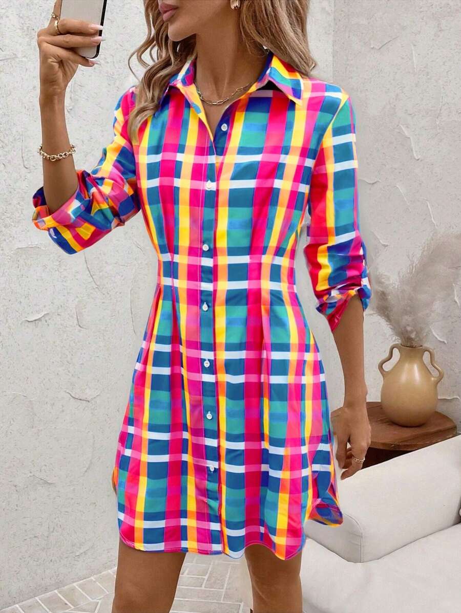 SHEIN Clasi Women's New Fashion Color Plaid Print Shirt Dress For Commute, Work, Street, Dating Outfit São João 2025 Dresses For Women Summer Dresses For Women Graduation Dress,Bohemian Clothes