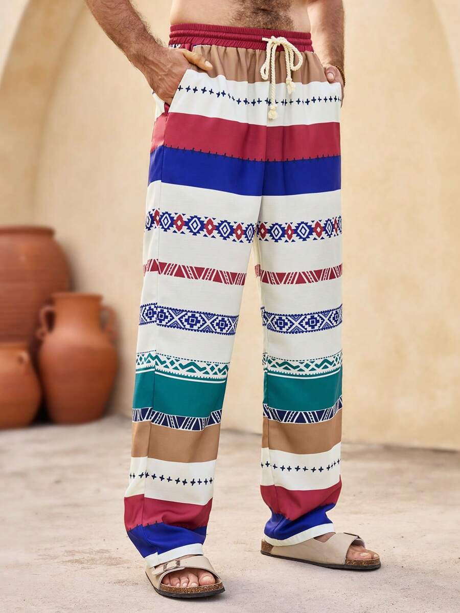 Manfinity VCAY Men's Casual Woven Striped Mid-Waist Drawstring Straight Leg Pants