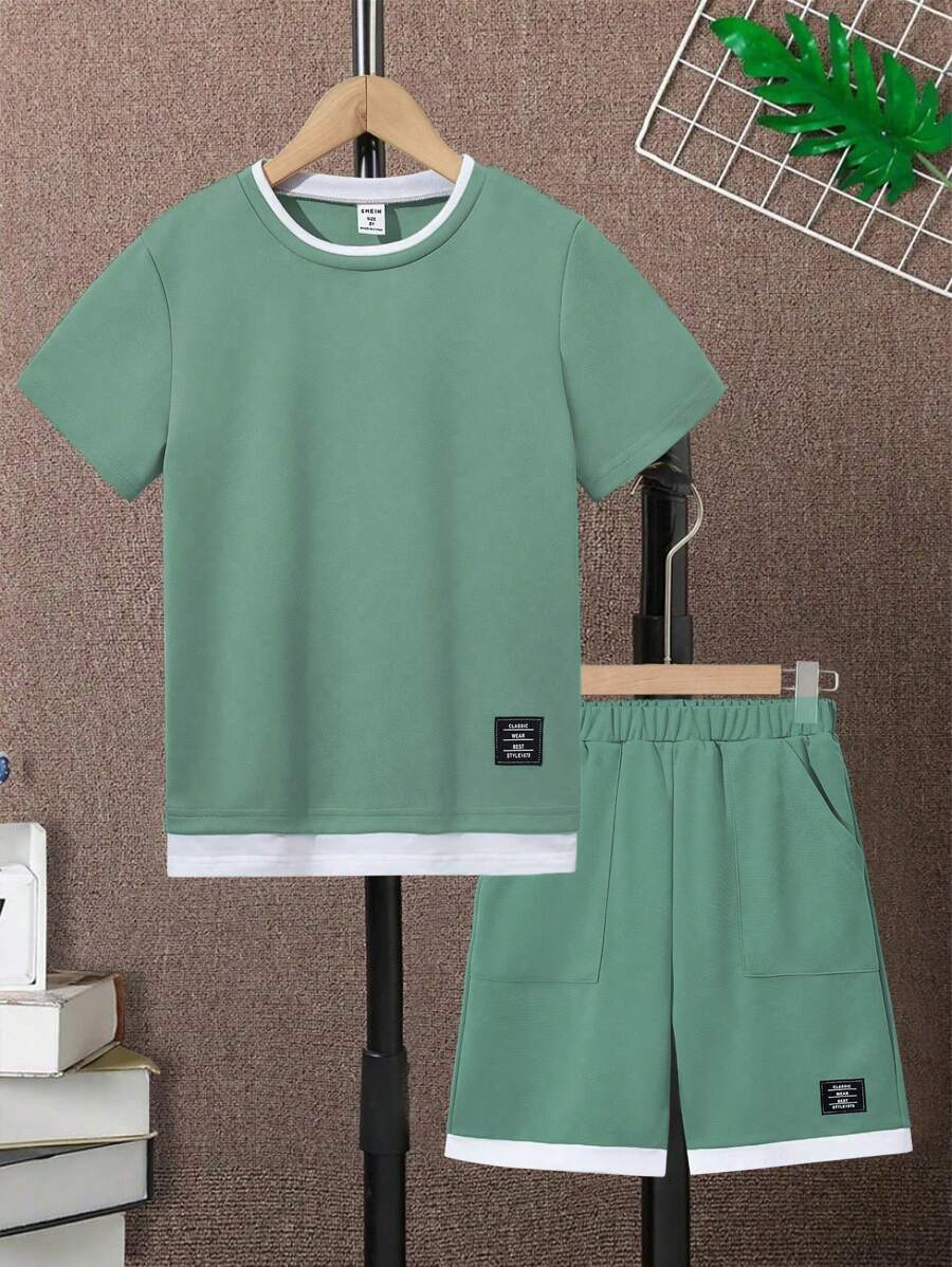 SHEIN Tween Boy Summer Casual Color Block Round Neck Short Sleeve T-Shirt And Shorts 2 Pieces Set, School, Campus, College