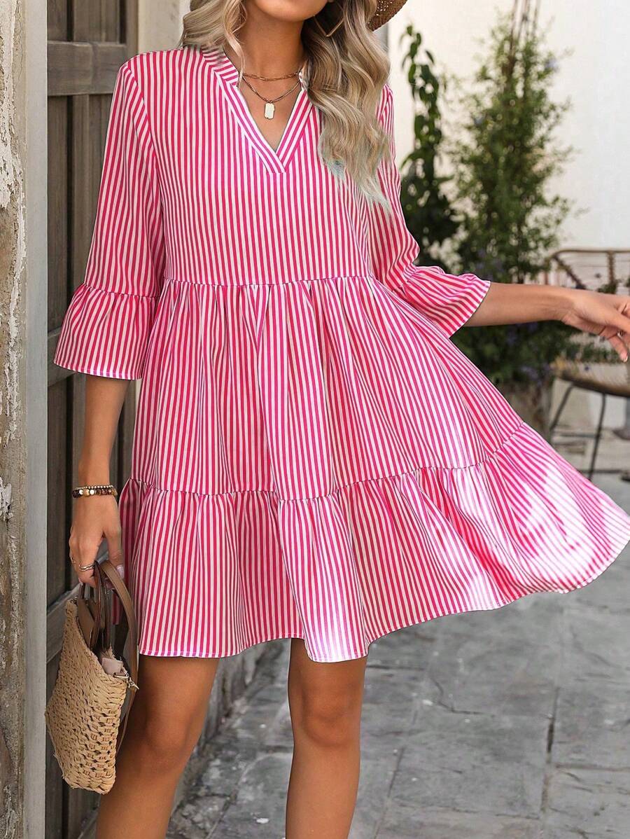 SHEIN Clasi Abito casual con colletto a tacca, stampa a righe e volant sul fondo