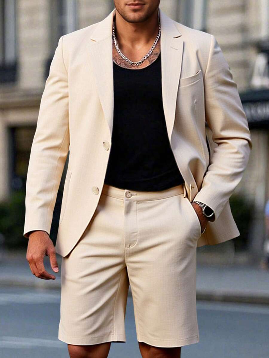 Manfinity Bizformal Solid Color Business Casual Long Sleeve Blazer & Pocket Shorts Suit Set Casual Suits For Men